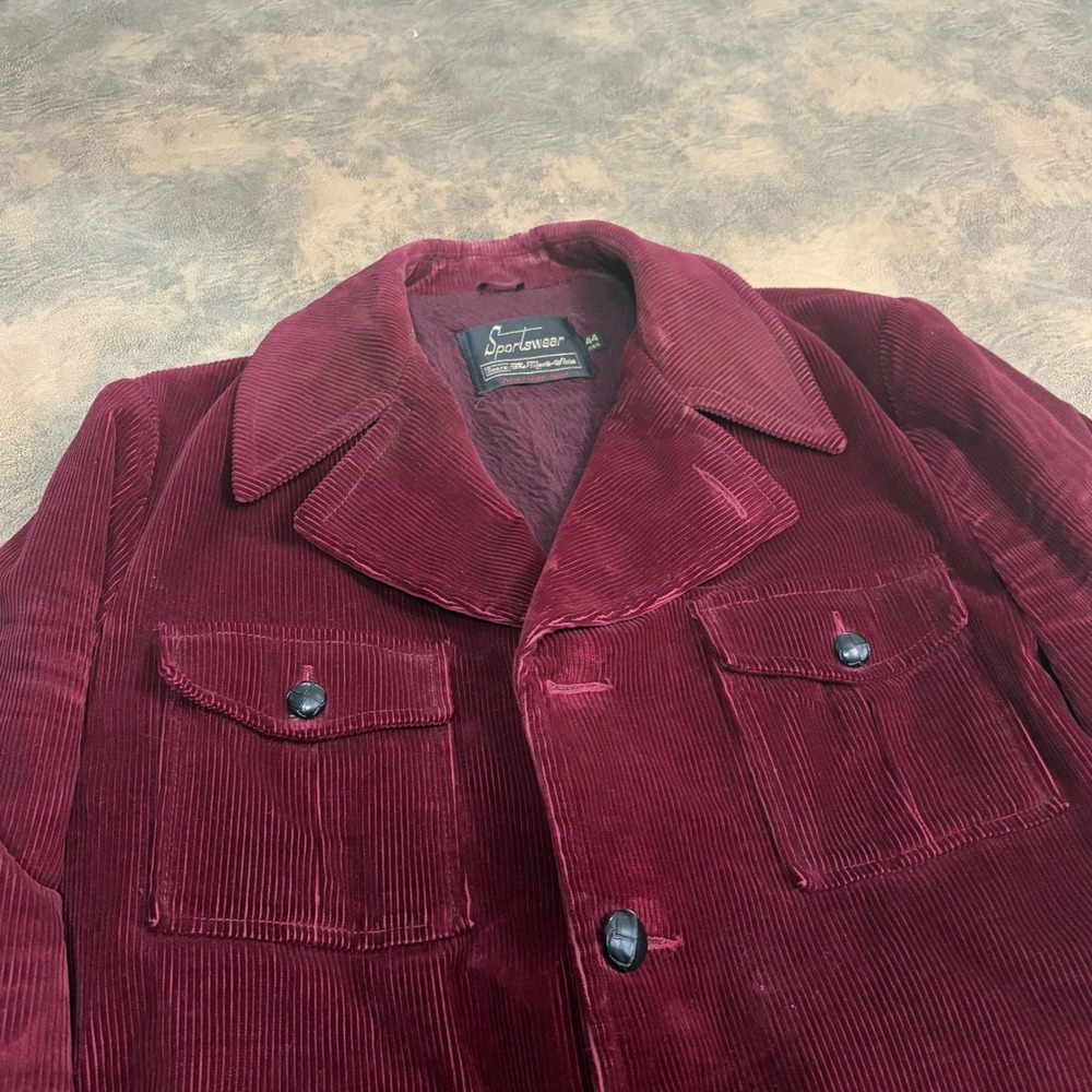 Sears Sportswear Corduroy Jacket 44 M Burgundy Faux Fur Lined Field Coat *FLAWS*